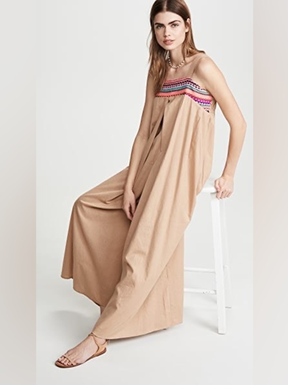 Pitusa Multicolor Embroidered Yoke Wide Leg Oversized Boho Jumpsuit One Size